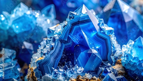 Bright blue geode crystals with shimmering facets and quartz; high quality photo