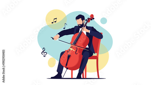 Professional male musician playing the large red cello while sitting on a chair against a colorful abstract artistic background.