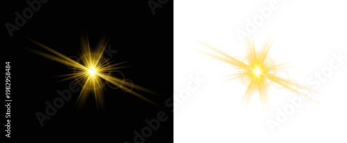 Golden light effect burst abstract starburst with radiant glow for dynamic visuals. On transparent background