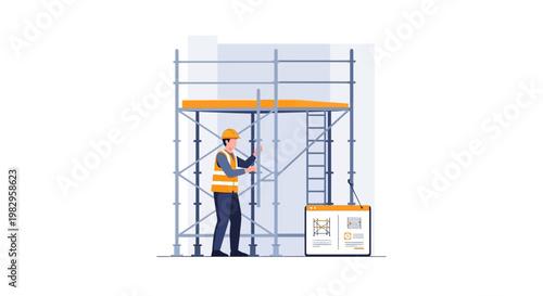 Construction Worker Inspecting Scaffolding Structure with Blueprint Plan