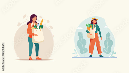 People carrying grocery bags filled with fresh produce and healthy food items, representing a shopping experience