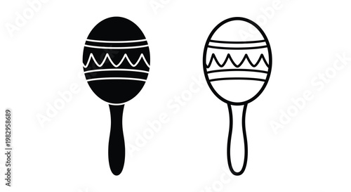 Two maracas depicted in contrasting black fill and outline styles side by side