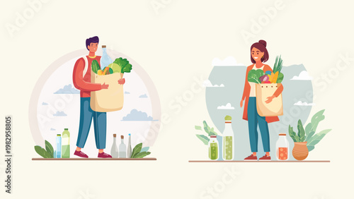 Healthy eating and grocery shopping illustration of diverse people carrying reusable bags filled with fresh produce