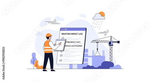 Construction worker records weather impact on project, crane and building site in background