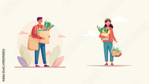 Couple carrying grocery bags full of fresh produce after shopping at the market