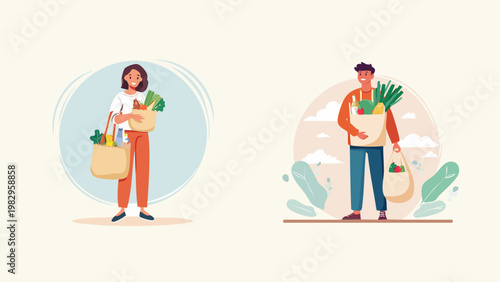 Two people carrying grocery bags filled with fresh produce and healthy food items after shopping