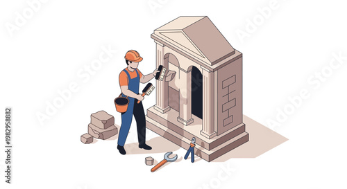 Construction worker restoring ancient building facade with tools and materials