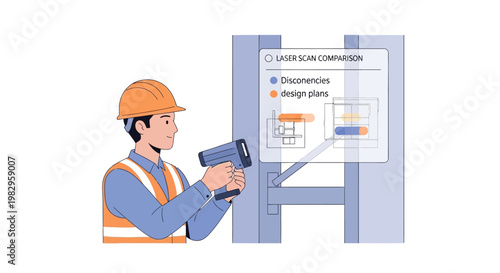 Construction worker with laser scanner checks building plans on tablet