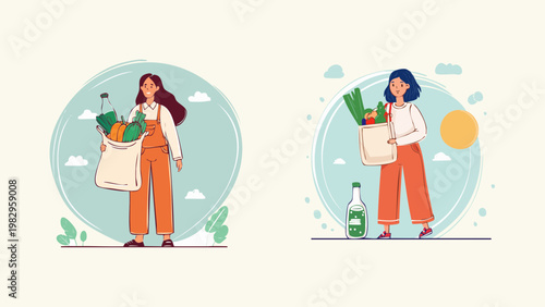 Two illustrations of women carrying shopping bags filled with groceries, representing healthy food and lifestyle choices