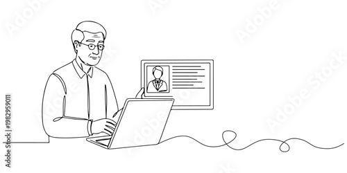 Line drawing of professional attending an online video meeting with laptop and screen.