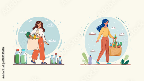 Woman carrying reusable shopping bag full of groceries and bottles in flat design illustration