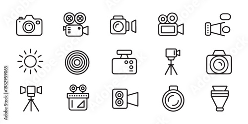 Outline icons for photography and videography including cameras lenses tripods and film reels.