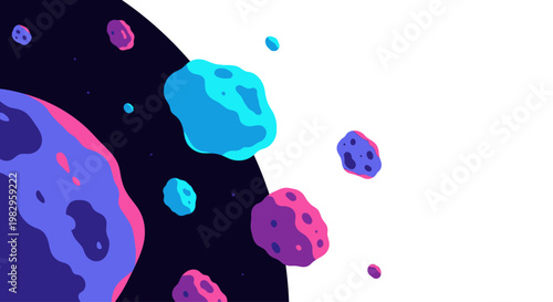 Cosmic asteroids and planets in vibrant pink, purple, and blue hues against a dark starry sky.