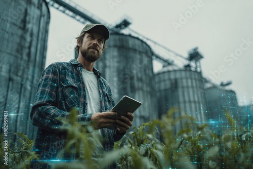 Farmer using digital tablet for smart agriculture in corn field