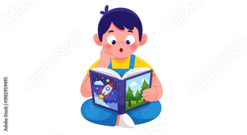 Curious boy reading an open book with colorful illustrations of space and nature