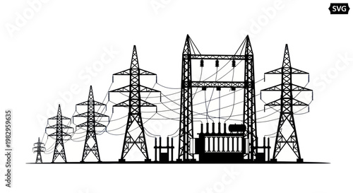 High Voltage Power Station Silhouette with Transmission Towers and Transformer