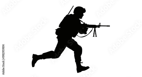Silhouette of a soldier running with a rifle, military action, white background