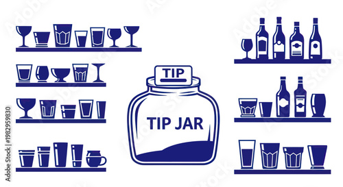 Tip Jar with Alcoholic Drinks and Barware on Shelves, Bar Service Concept