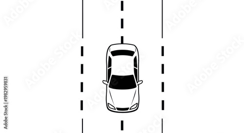 Top view of a white car driving on a straight road with dashed lines