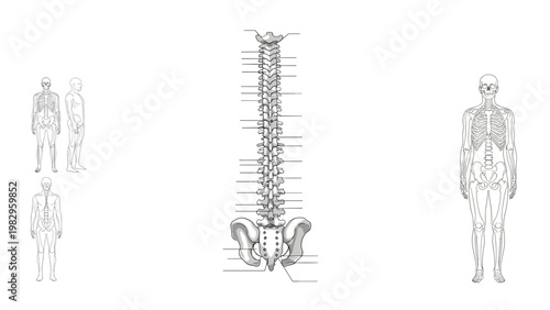 Detailed human spinal column anatomy diagram showing the vertebrae, discs, and pelvic bones for medical and educational study.