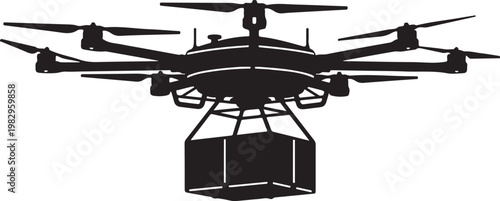 Drone, aerial vehicle, quadcopter, black silhouette, vector icon