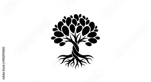 Abstract Black Tree Silhouette with Roots and Swirling Leaves on White Background