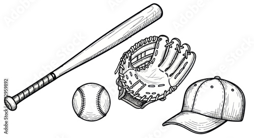 Baseball Equipment Set: Bat, Glove, Cap, and Ball - Hand-Drawn Sketch