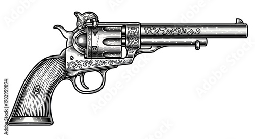 Antique Engraved Revolver, Old West Firearm Illustration, Vintage Pistol Line Art