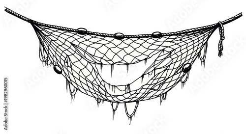 Fishing Net with Floats, Hanging on Rope, Isolated on White Background, Nautical Gear