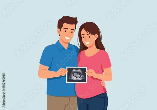 妊婦の女性と男性が一緒にエコー写真を持ち、幸せそうに見つめ合っている様子。