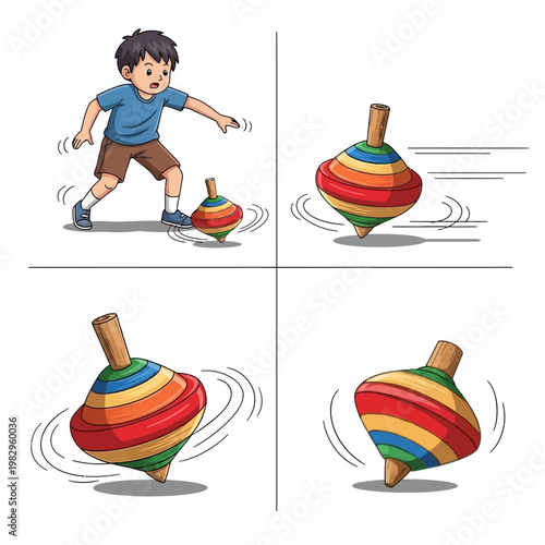 子供がカラフルなコマを回して遊んでいる様子を描いたイラストです。