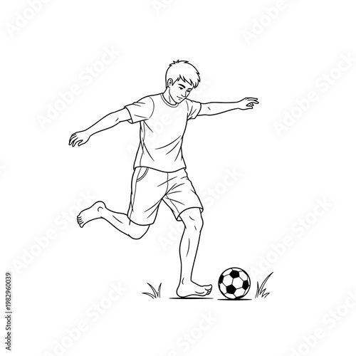 子供がサッカーボールを蹴っている様子を描いた線画のイラストです。