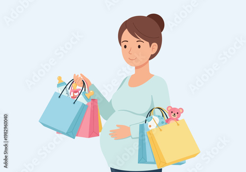 妊婦の女性が買い物袋を持ち、満面の笑みを浮かべている様子を描いたイラストです。