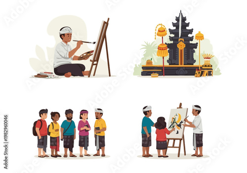 子供たちが伝統的な衣装を着て、絵画を描くために集まっている様子を描いています。