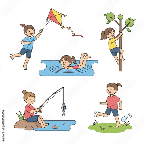 子供たちが外で遊びながら、凧揚げや釣り、水遊びを楽しんでいる様子を描いたイラストです。