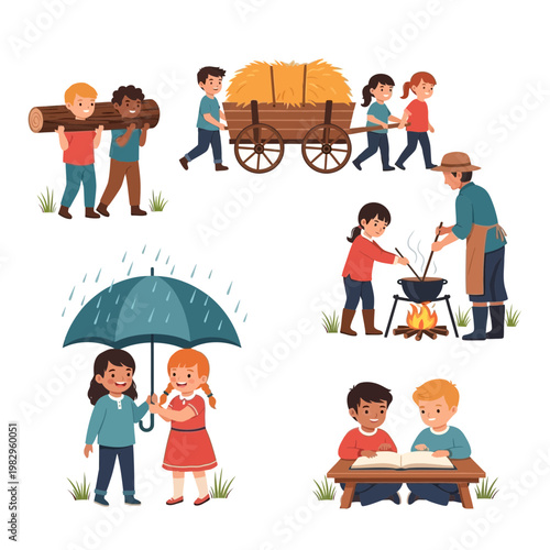 子供たちが傘の下で遊びながら、屋外で本を読んだり、火を囲んで料理をしたりしている様子を描いています。