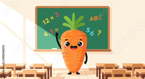 Cute Carrot Character Waving in a Classroom with Math and ABCs on Blackboard