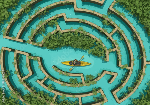 小さなボートに乗った人が迷路の中を進んでいる様子を上空から捉えた画像です。
