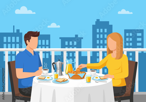 屋上で朝食を楽しむ男女二人、コーヒーやパン、ジュースを飲みながら会話している。