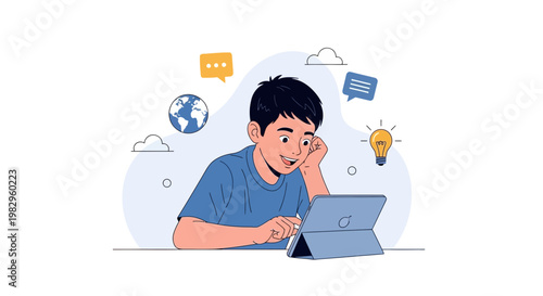 Boy Learning Online with Tablet, Global Education and Ideas