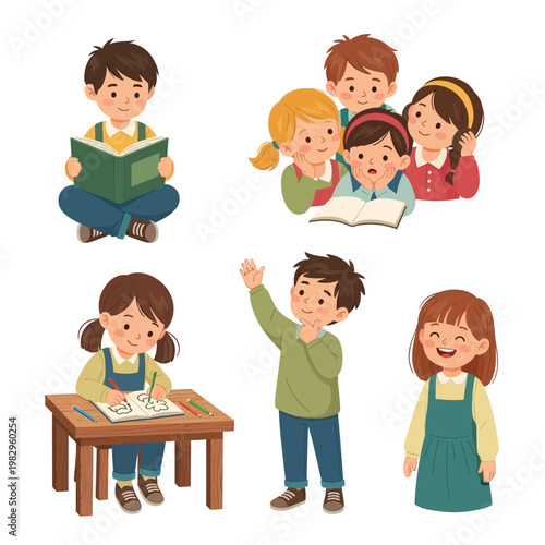 小学生の子供たちが教室で学び、楽しそうに交流している様子を描いています。