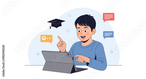 Boy Learning Online with Tablet, Graduation Cap, and Chat Bubbles