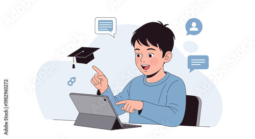 Boy learning online with tablet, graduation cap and chat bubbles