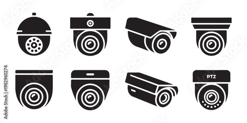 Security monitoring camera collection including bullet dome and ptz surveillance equipment system silhouettes.