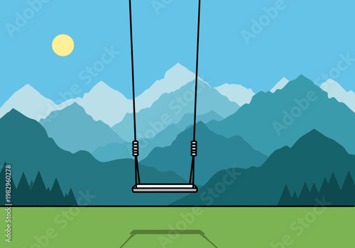 山々と青空の背景に吊り下げられたブランコが描かれているシンプルなイラスト。