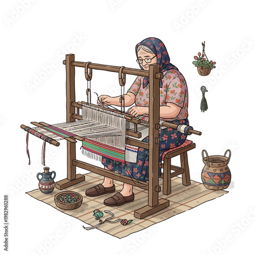 年配の女性が木製の織機で布を織っている様子を描いたイラストです。