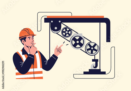 工事作業員が工場の機械を点検している様子を描いたイラストです。
