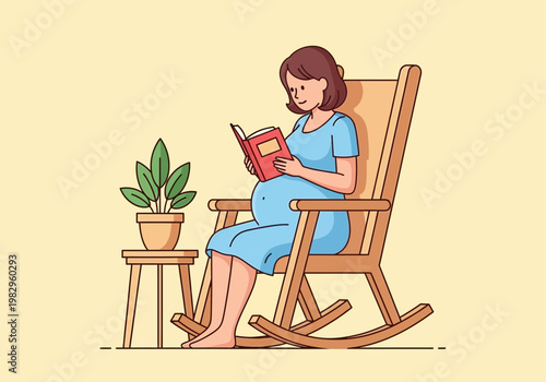 揺りかごに座りながら本を読む妊婦の女性のイラストです。