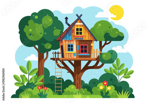 木の上に建てられたかわいい家と周囲の緑豊かな植物、青空と太陽が見える風景です。