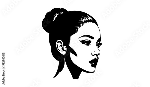 Elegant woman profile silhouette with top knot bun black and white vector portrait